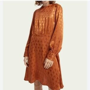 Scotch And Soda Orange Paisley Long Sleeve Asymmetric Hem Midi Dress XS